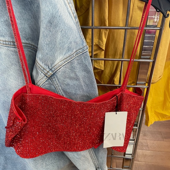 Zara Red Shimmery Crystal Crop Top with Open Back - Picture 2 of 4